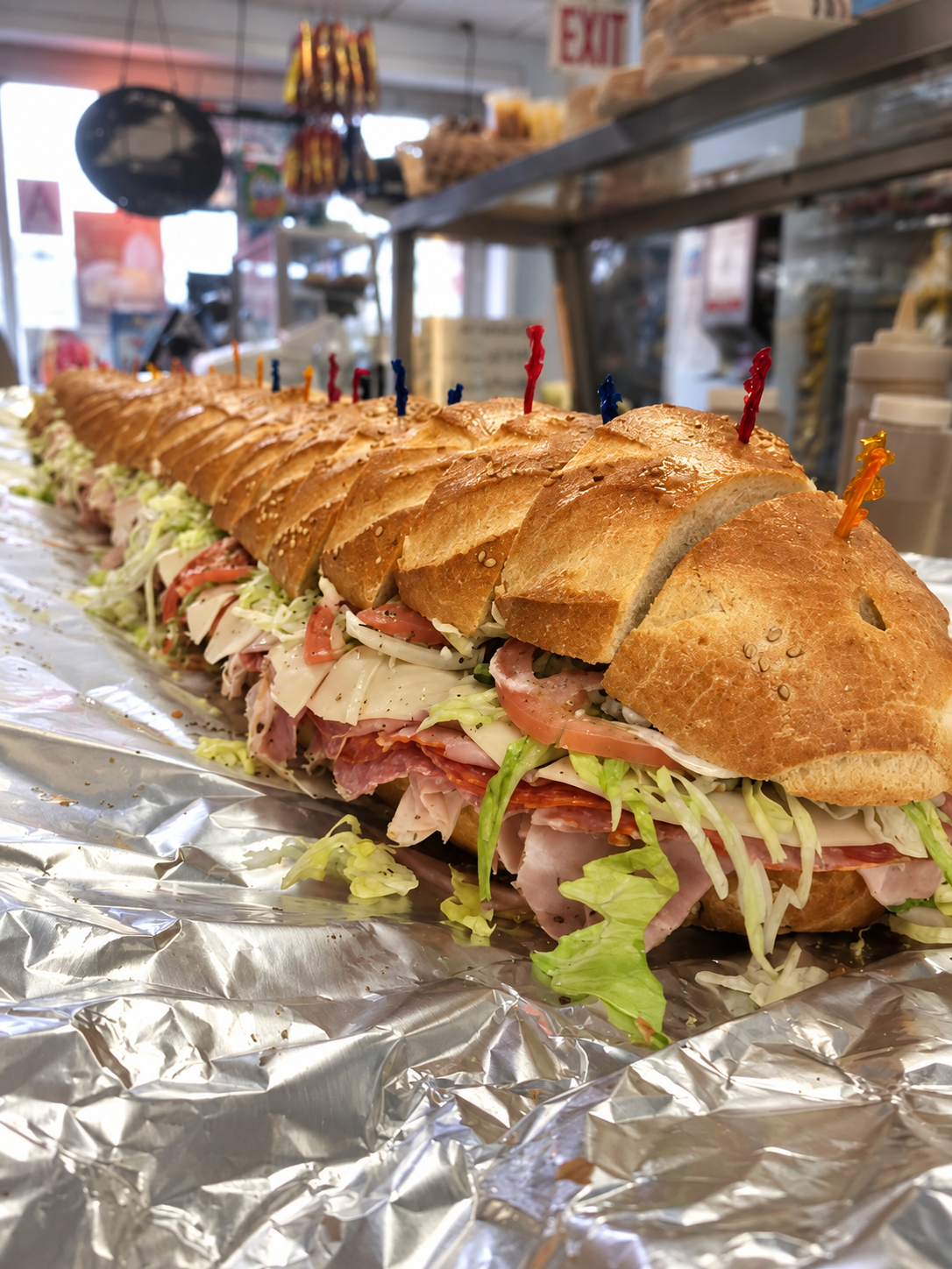 A real American Hero party sandwich, sliced and ready to share
